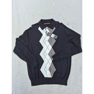 Perry Ellis Mens Argyle Polo Sweater Black Cotton Long Sleeve L 41HG7228PS